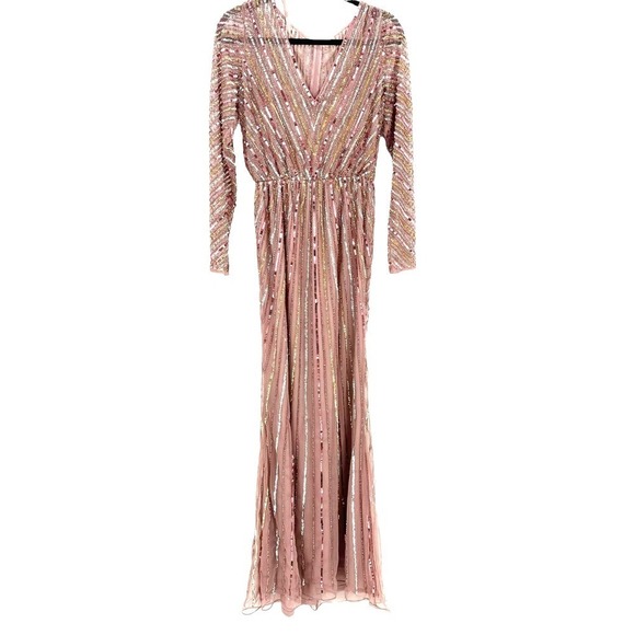 MAC DUGGAL Sequined V Neck Long Sleeve Column Gown Rosewood 4 NWT - Picture 5 of 11